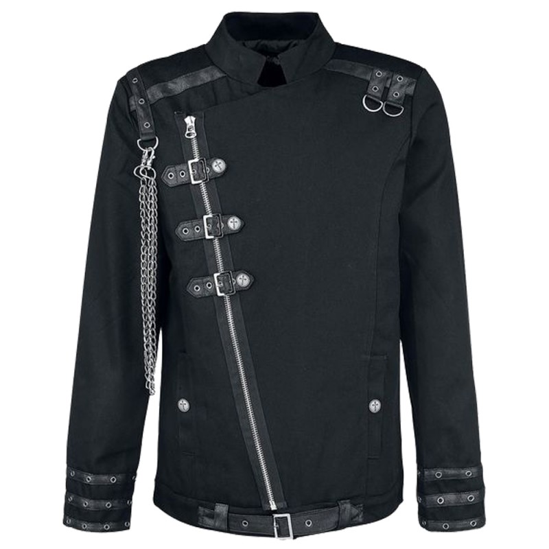 Men Gothic Shirt Black Cotton Buckle With Chain Shirt Long Sleeve Shirt